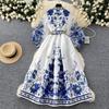 Vestido de Fiesta Boho para Mujer Impresión Floral Preciosa Gasa Manga de Farol Cierre de Cordones Cruzado Cuello en V Empalme de Banda de Satén