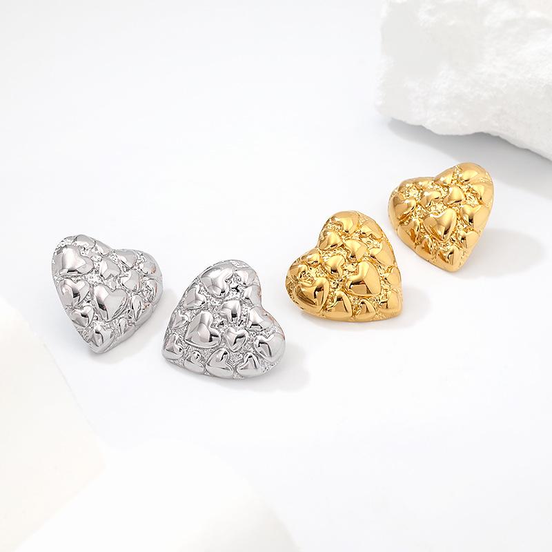 18K Gold Plated Double Layer Heart Earrings for Women - Fashionable & Versatile Peach Heart Studs