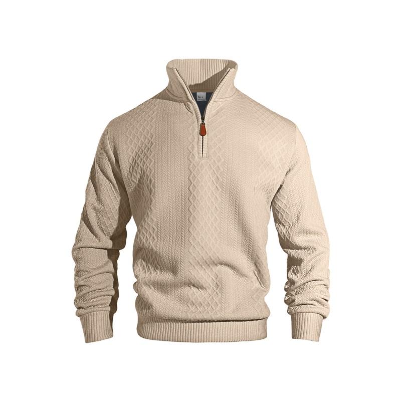 Men's Quarter Zip Pullover Sweater Diamond Jacquard Knit Stand Collar Long Sleeve Casual Sweatshirt For Business & Daily Wear