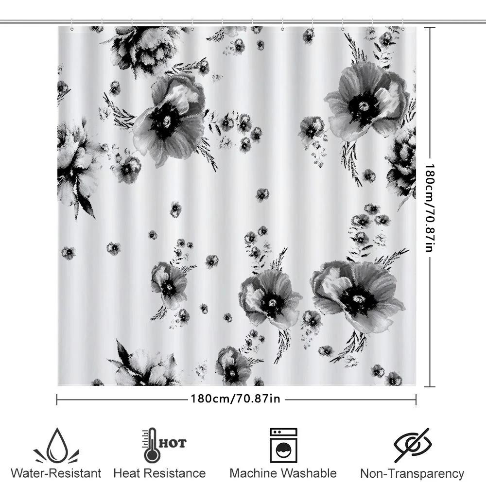 Black And White Flower Shower Curtain Waterproof Bath Mat Decorative Home Decor Bathroom Curtains For Bathtub
