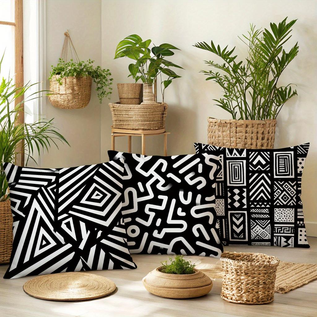 Black White Geometric Pattern Digital Printing Pillow Cover Short Plush Suitable Living Rooms Bedrooms Sofas Throw Cushion Cover