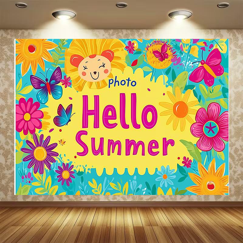 

Cheerful Hello Summer Backdrop, Bright Turquoise Floral Scene with Butterflies and Smiling Sunflowers, Festive and Playful Wall Decor 47.2x31.5inch/120*80cm