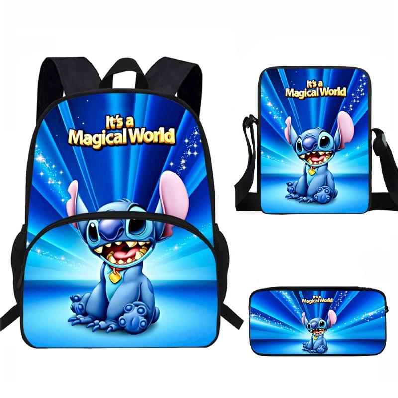 Stitch Kids School Backpack Set Elementary Students Oxford Fabric Ergonomic Design Printed Cartoon 3-Piece Bundle