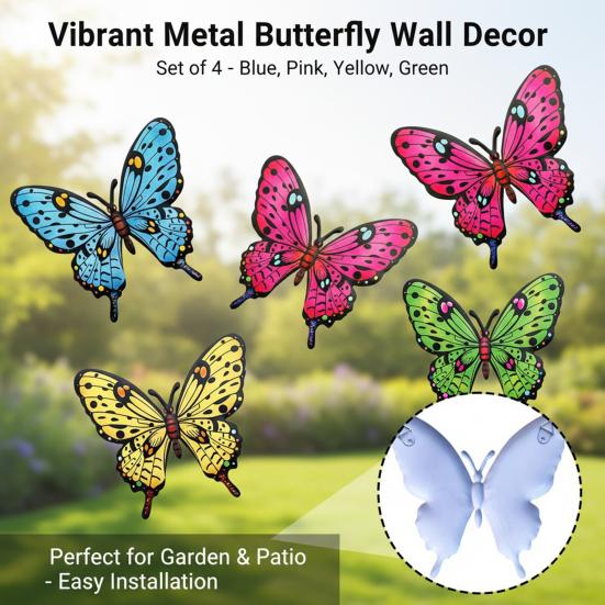Metal Butterfly Wall Decor Colorful Butterflies Wall Art Sculpture 3D Iron Butterfly Hanging Decoration for Outdoor Indoor Fence Patio Yard Tree