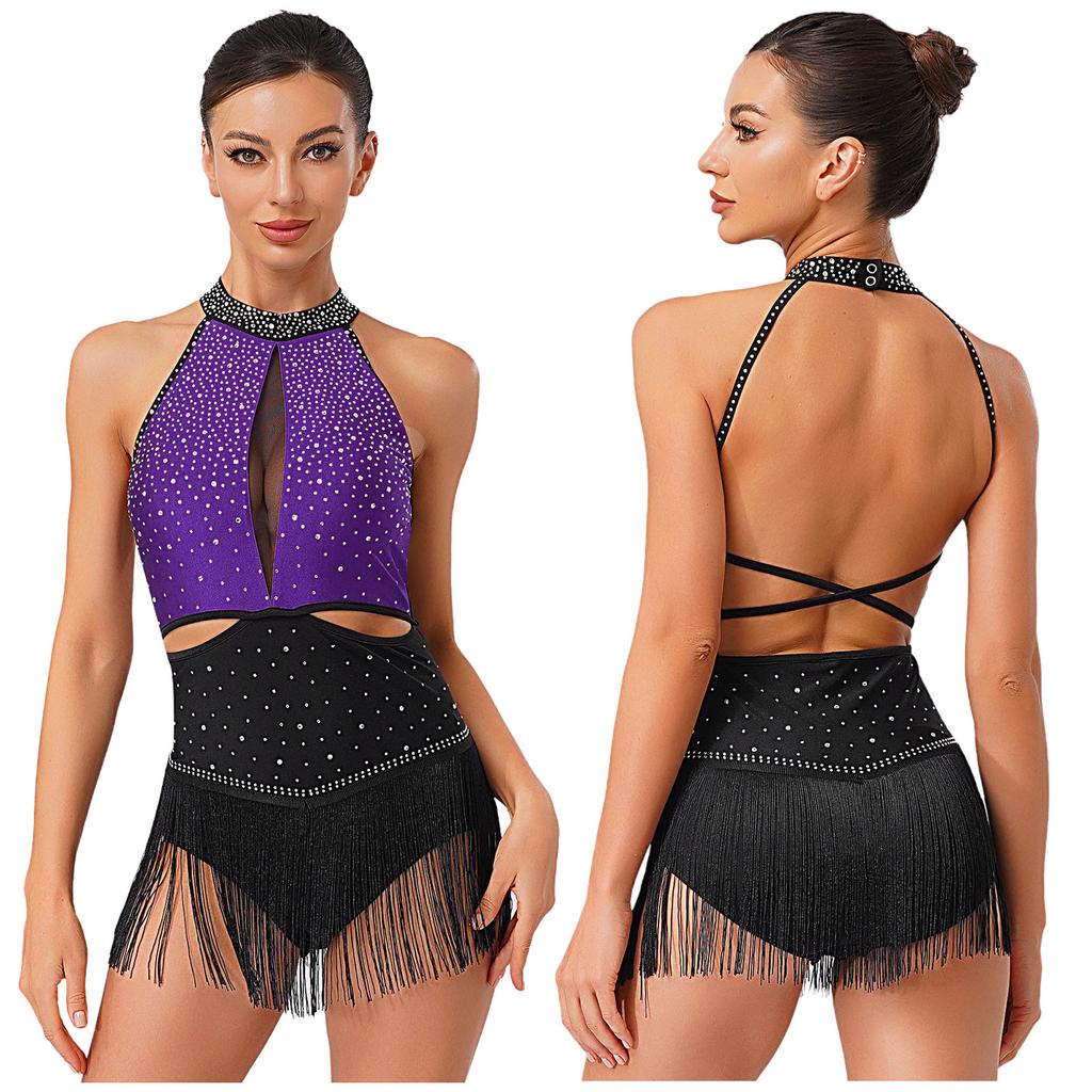 S-XXL Women's Competition Leotard: Allover Rhinestone Backless Bodysuit with Tassel Skirt & Contrast Color for Chacha Rumba Dance
