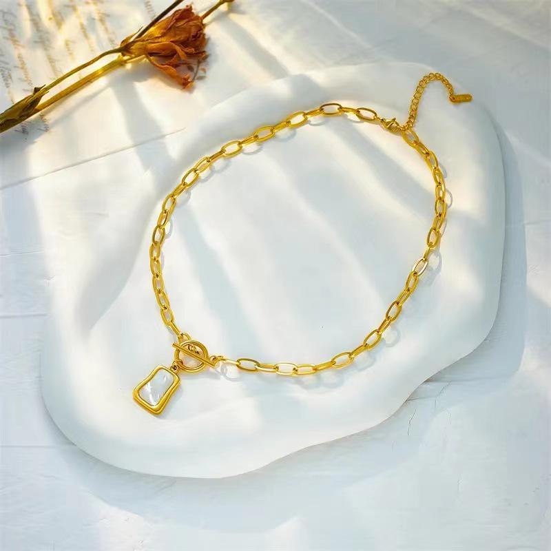 18K Gold Titanium White Shell Square Pendant Necklace for Women - Light Luxury Clavicle Chain