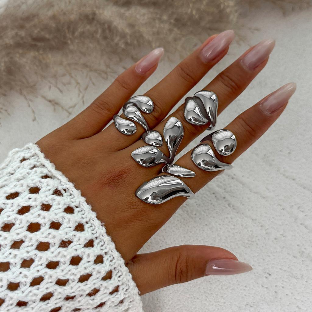 Wind Metal Texture Water Drop Hug Ring Set, Fashionable Geometric Smooth Surface Open Ring Woman