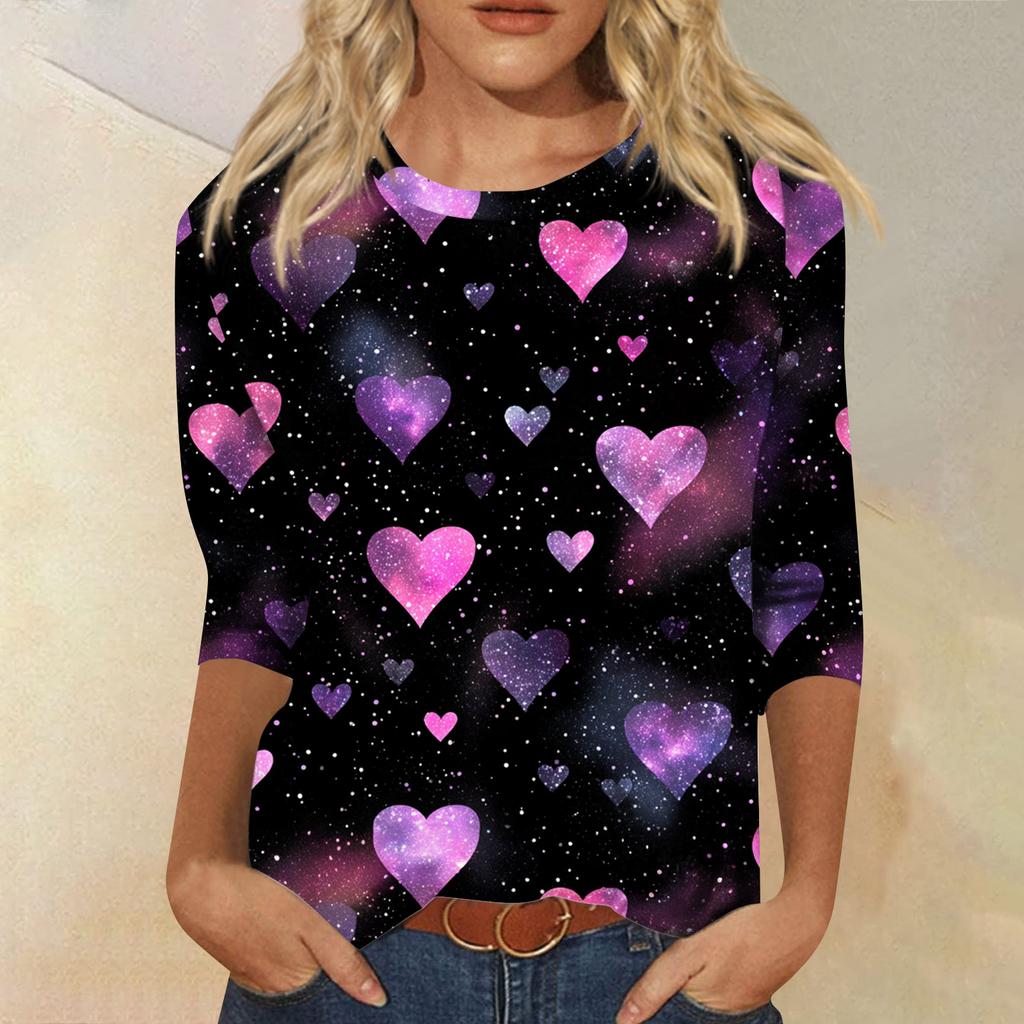 Women's Tops Three-quarter Sleeve Shirt V-neck Loose Casual Shirt Print T-shirt