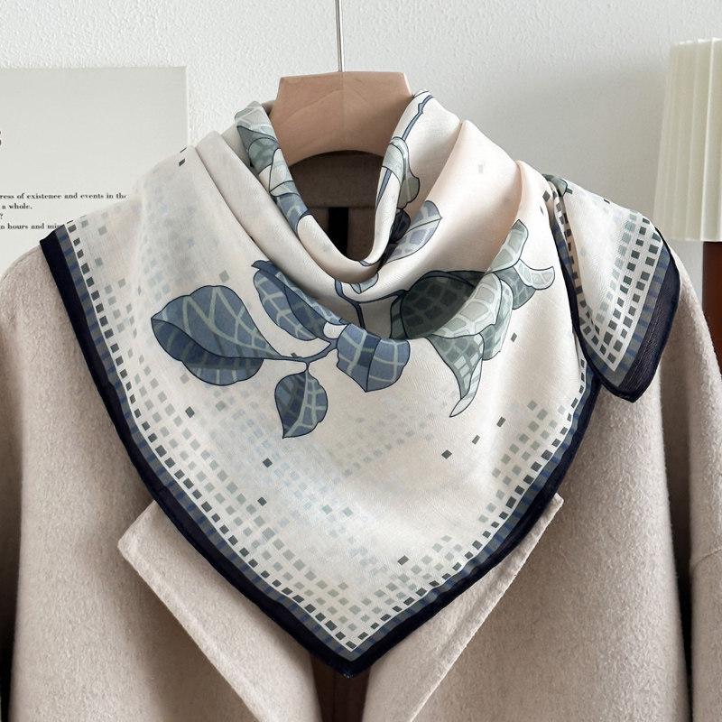 Chinese Camellia Red Cotton and Linen Feel Scarf Women's Small Square Scarf Spring, Autumn and Winter Thin Neck Multifunctional Scarf