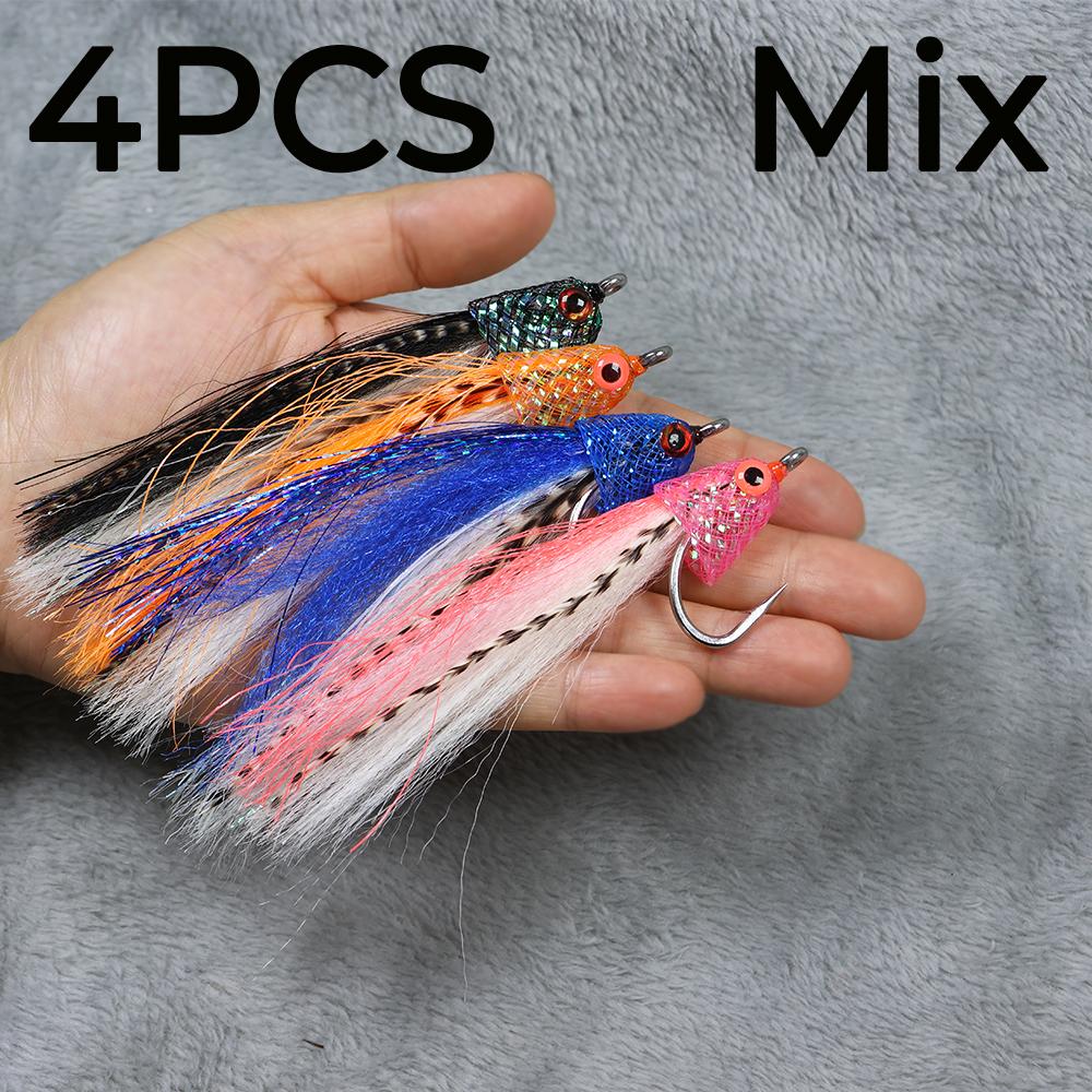 Braided Tube Fish Head Lure – Feather&Flash Fiber Tail, Fast Sinking Reaction Bait for Bass, Trout, Redfish Predators
