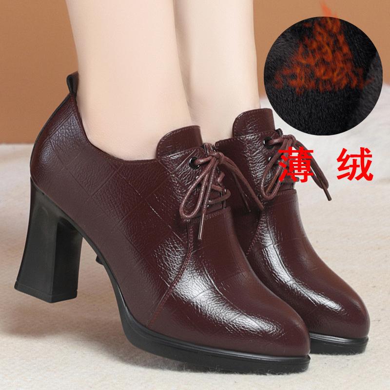 New Winter Women Boots Thick Heel Flat Shoes Anti-slip Velvet Laces for Comfort Ankle Autumn Fashion Leather Boots