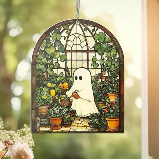Halloween Suncatcher Stained Glass Window Hanging Sun Catcher Acrylic Ghost Plant Bookshelf Decoration for Window Wall Art Decor