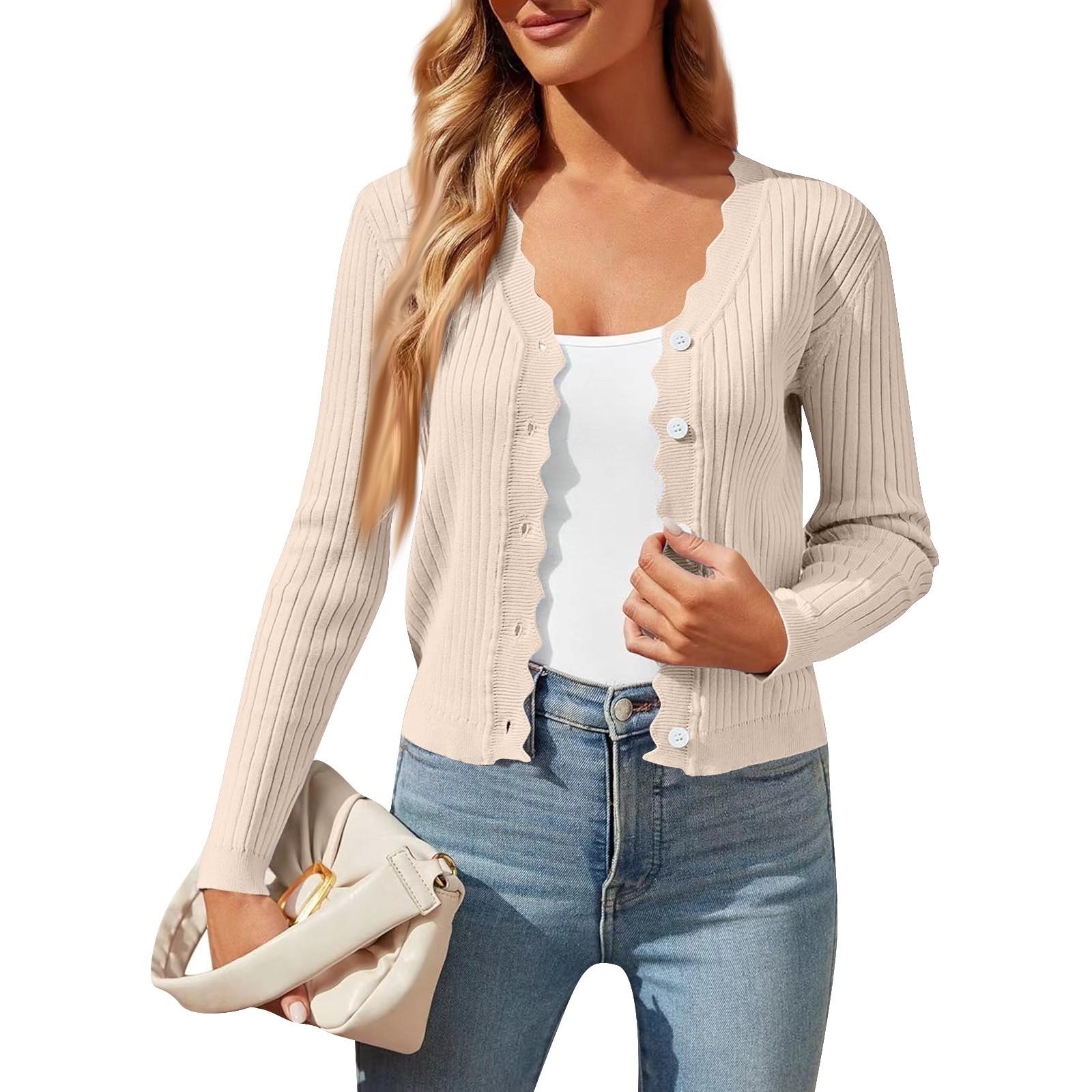 

Женская мода V-образный вырез длинный рукав короткий женский вязаный кардиган свитер пальто S бежевый