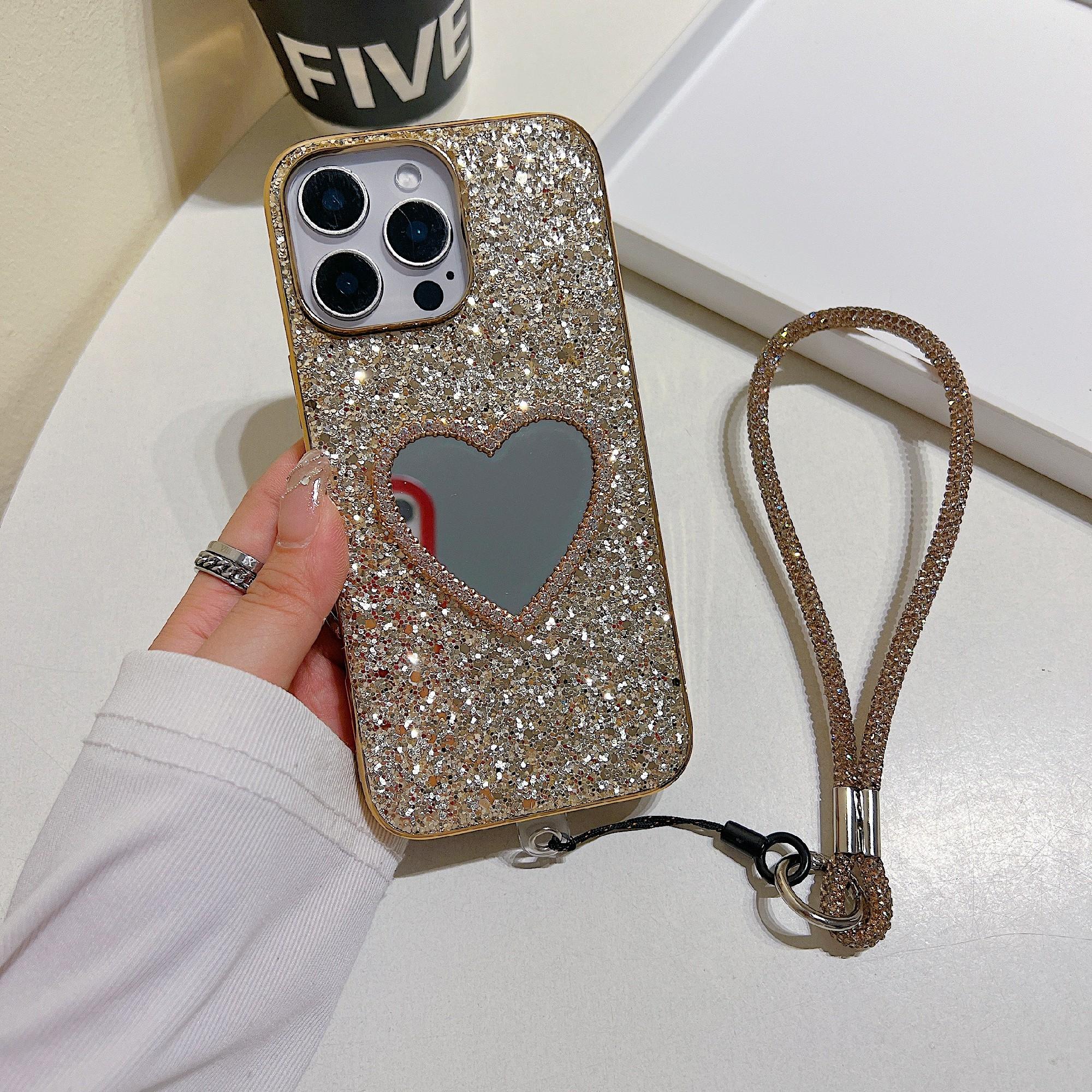 

For iPhone 16 Pro Max Case with Strap,Mirror TPU+PC Sparkling Glitter Phone Back Cover Gold