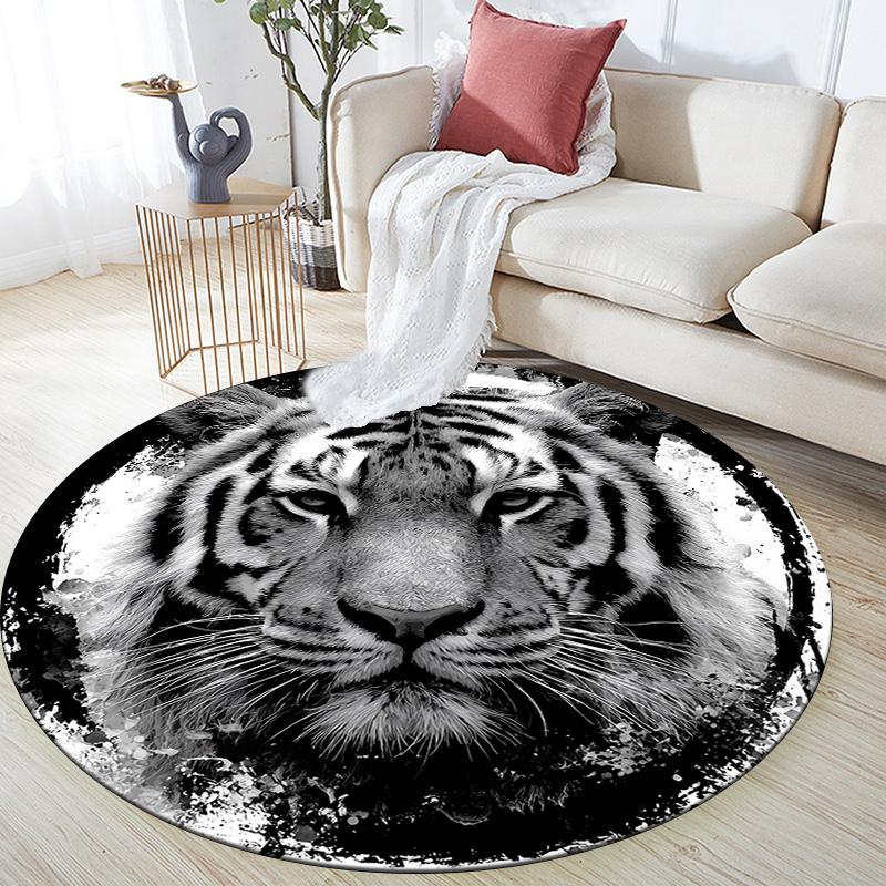 Black and White Ink Tiger Round Area Rug,Carpet Rug for Living Room Bedroom Sofa Playroom Decor,Non-slip Floor Mat