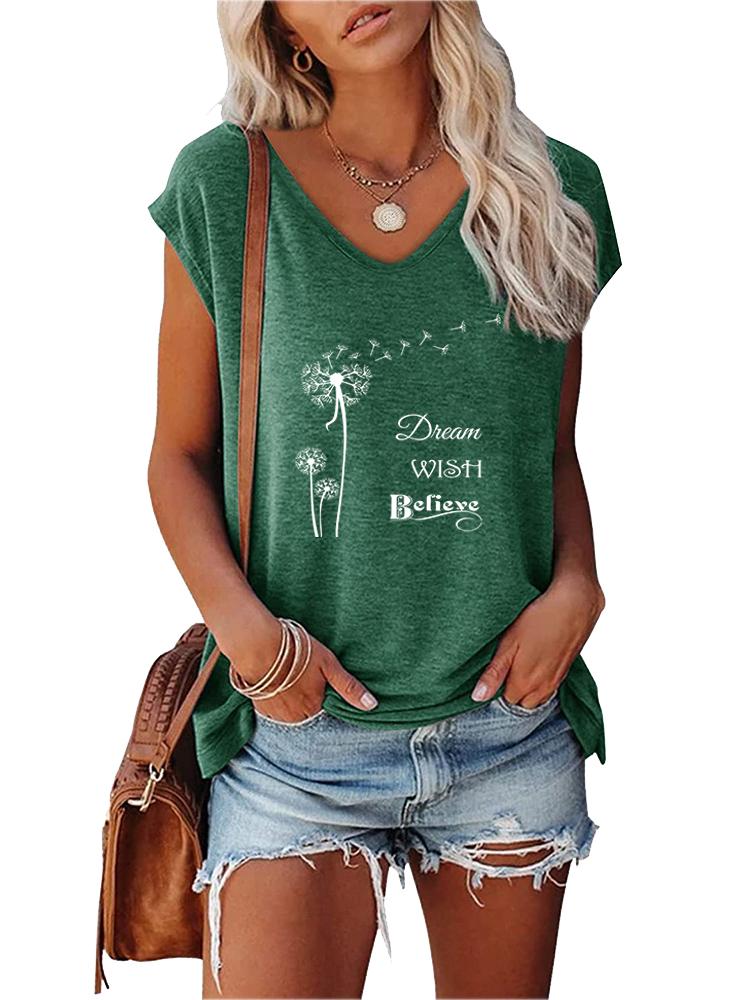 Women Fashion Printed Top Summer V Collar Tee Shirt Ladies Casual Short Sleeve T-shirt