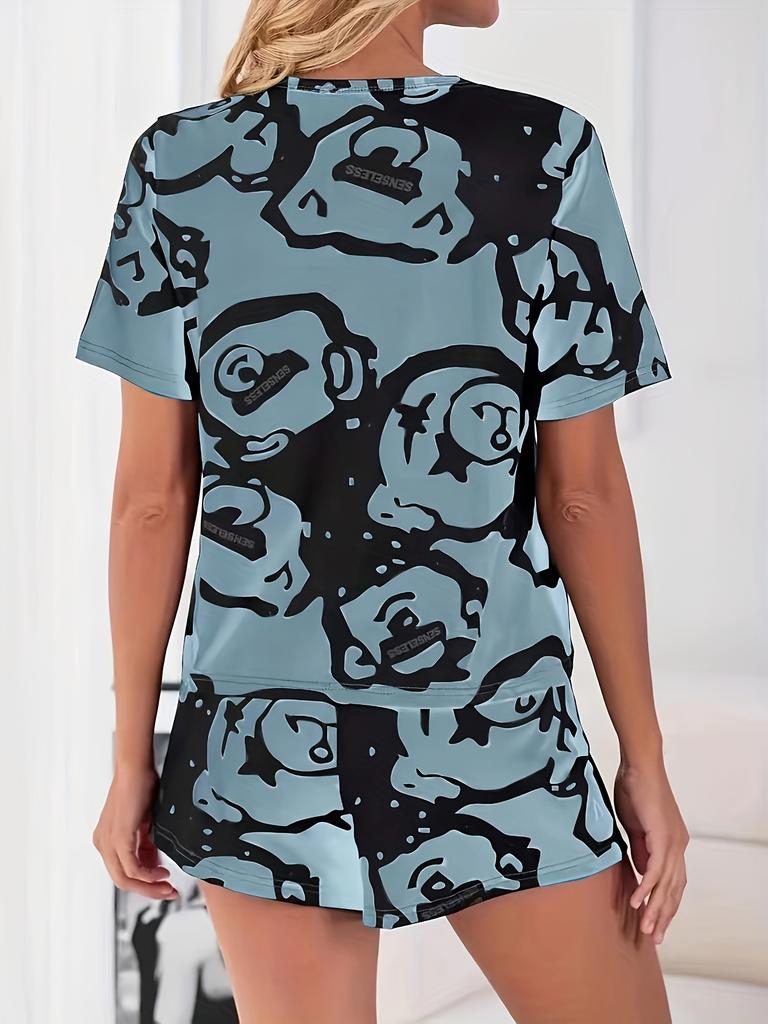 Women's Fashion Two-Piece Set - Stylish Graphic Print Short-Sleeve Round-Neck T-Shirt + Graphic Print Shorts Two-Piece Set