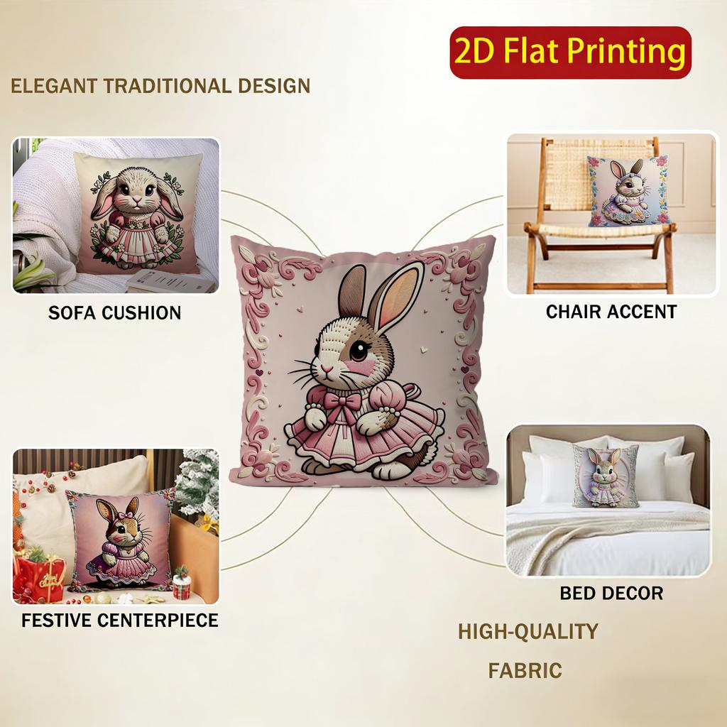 2D Cute Bunny Girls Dress-Printed Pillow Covers Pattern Cushion Cover Suitable For Sofa Bedroom Car Pillow Cover