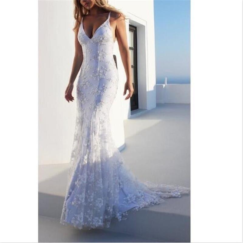 Summer Bridal Wedding Dress Deep V-neck Sleeveless Backless Bandage Sling Lace Dresses
