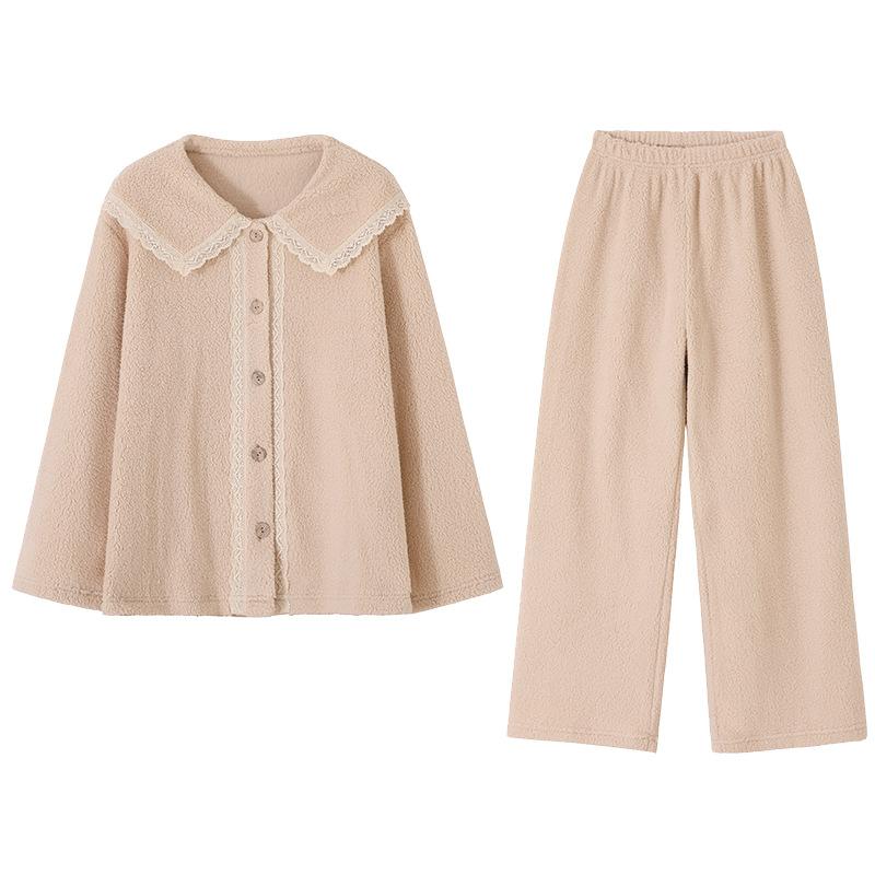 Coral Fleece Pajamas Women'S Autumn And Winter Thickened Fleece Warm Winter Flannel Loungewear Set