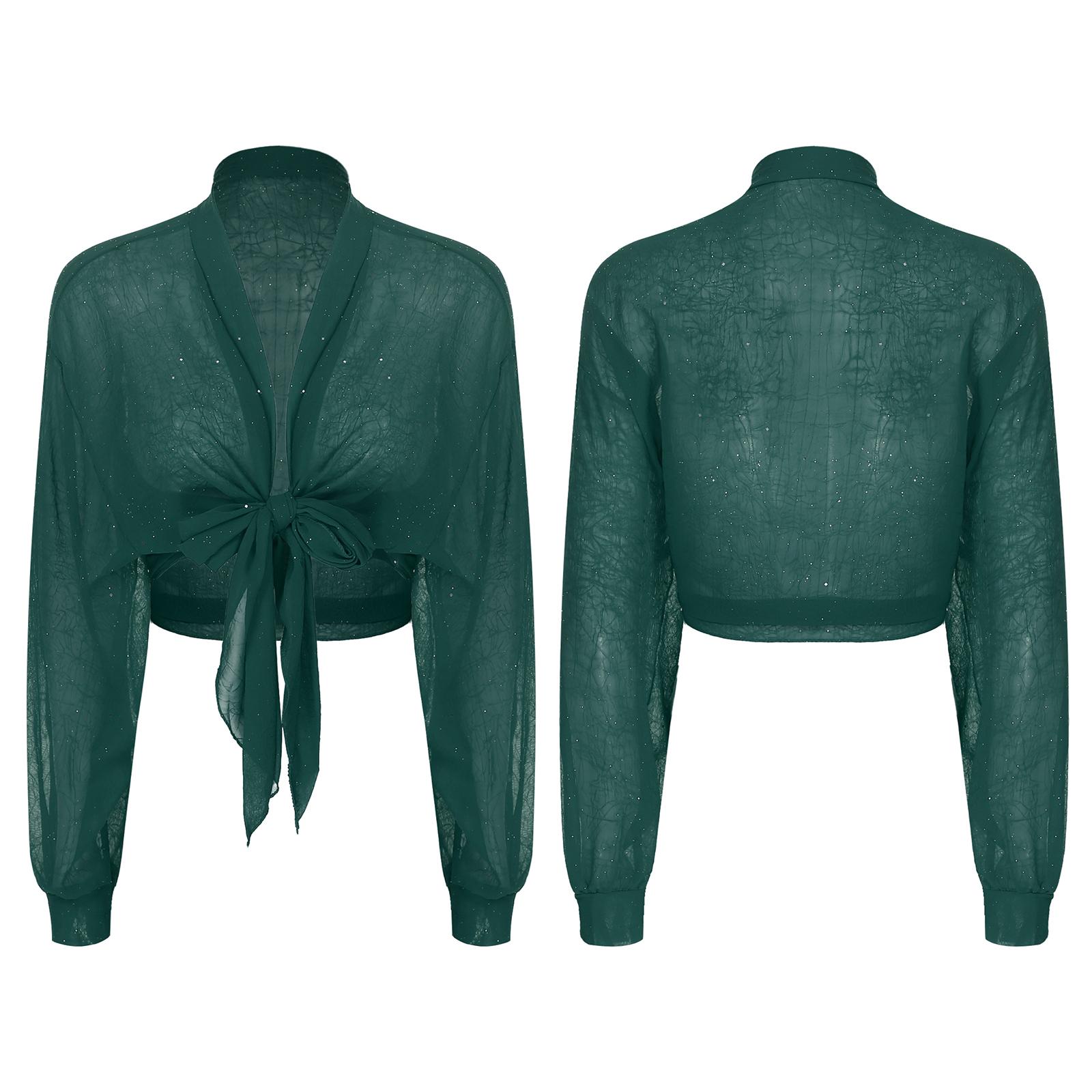 

Женская повседневная одежда Прозрачный длинный рукав Болеро Болеро Кардиган Шифон Завязывающиеся спереди Шали Укороченные Болеро Накидки One Size темно-зеленого