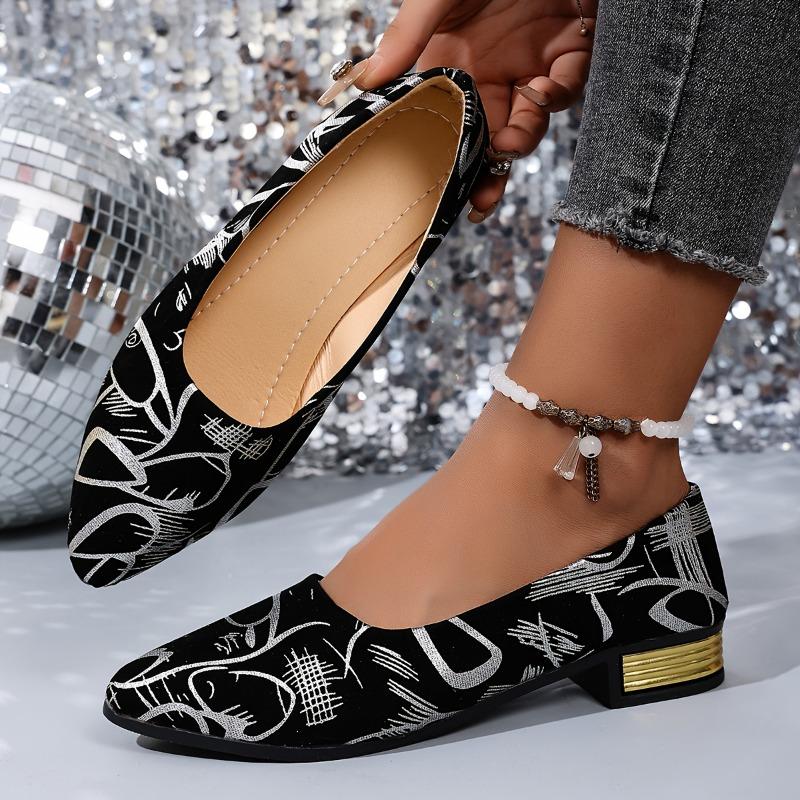 Fashion Women's Shoes, Low-heeled Single Shoes, Ladies' Stylish Single Shoes, Printed Four-season Low-heeled Trendy Women's Shoes