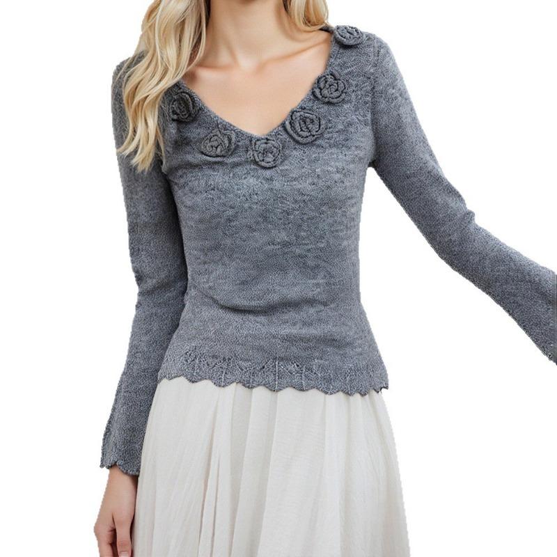 Three-dimensional Flower Knitted Sweater Autumn and Winter New Horn Sleeve Design New Niche Crochet V-neck Bottoming Sweater