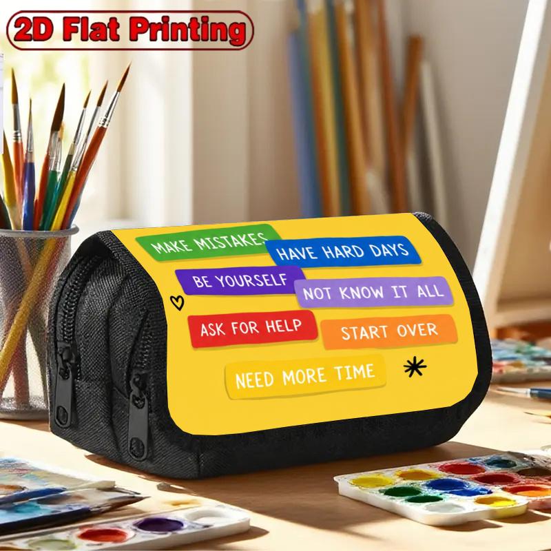 2D Flat Printing 1pc Inspiring Information Color Design Double Layer Flip Pencil Case - Large Capacity Zipper Closure, Suitable for Schools, Offices,