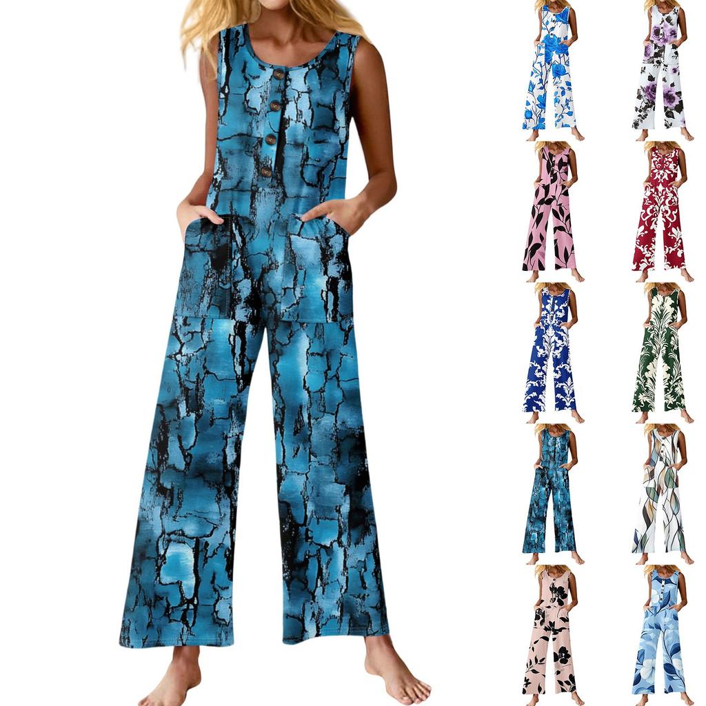 Women's Fashion Casual Button Sleeveless Jumpsuit Floral Flower Print Cotton Pocket Jumpsuit