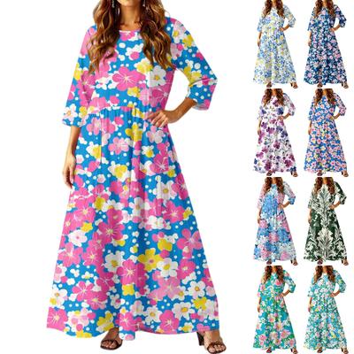 Vestido Longo Casual Feminino Estampado Floral Manga Três Quartos Com Bolsos