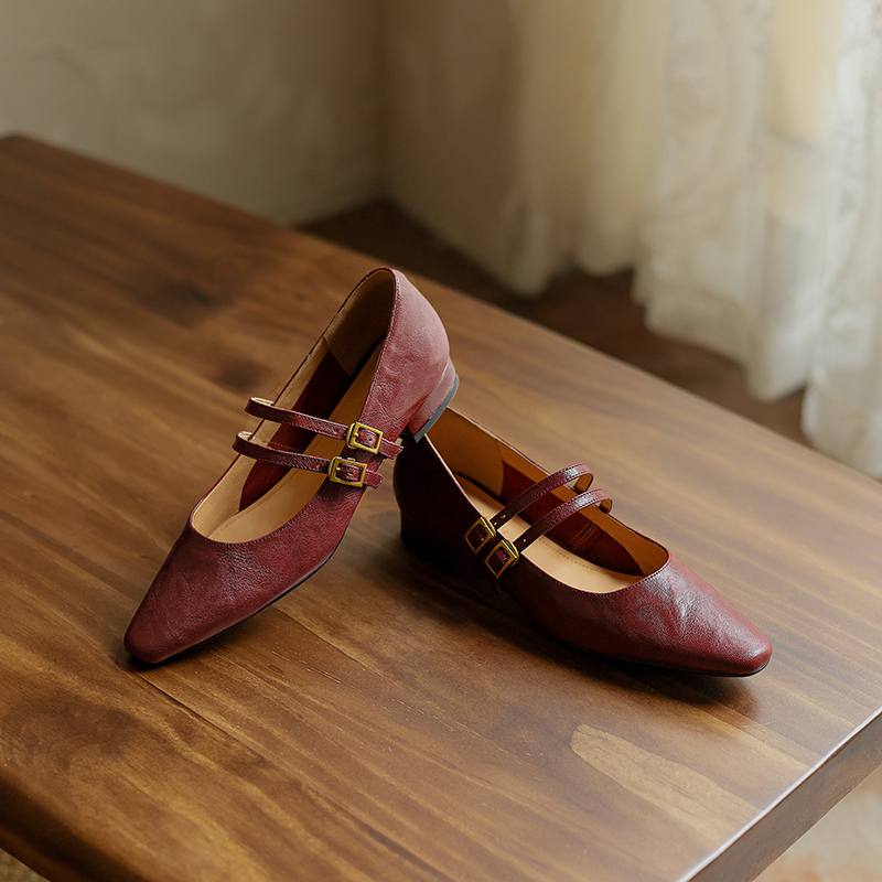 

Krazing Pot Sheepskin Fashion Summer Spring Autumn Buckle Straps Women Square Toe Low Heels Pumps 34 винный