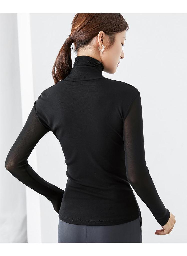 Women's Velvet Mesh High-Neck Base Layer: Long-Sleeve, Solid Color, Slim Fit for Autumn/Winter 2023