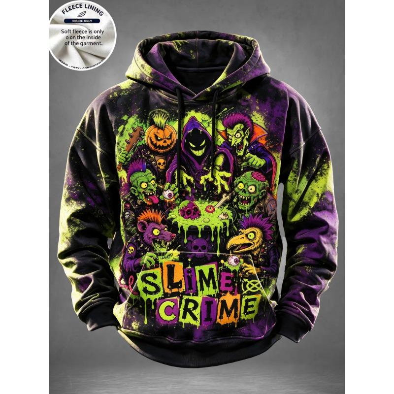Men Fleece Lined Hoodie Halloween Black Cat Moon Pumpkin Print Pullover Hooded Sweatshirt Hoody
