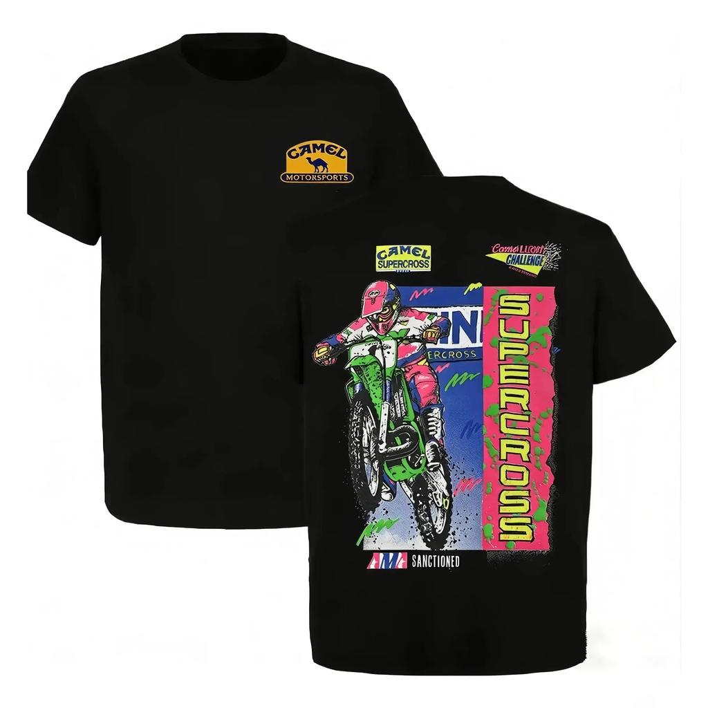 T-shirt Grafica Vintage Camel Supercross Motocross | T-shirt da Corsa al Neon Retrò Anni '90