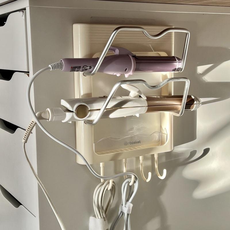 Wall Mounted Hair Dryer Holder Curling Iron Holder Hair Styling Tools Organizer With Shelf Hooks Multi-Functional Storage Rack