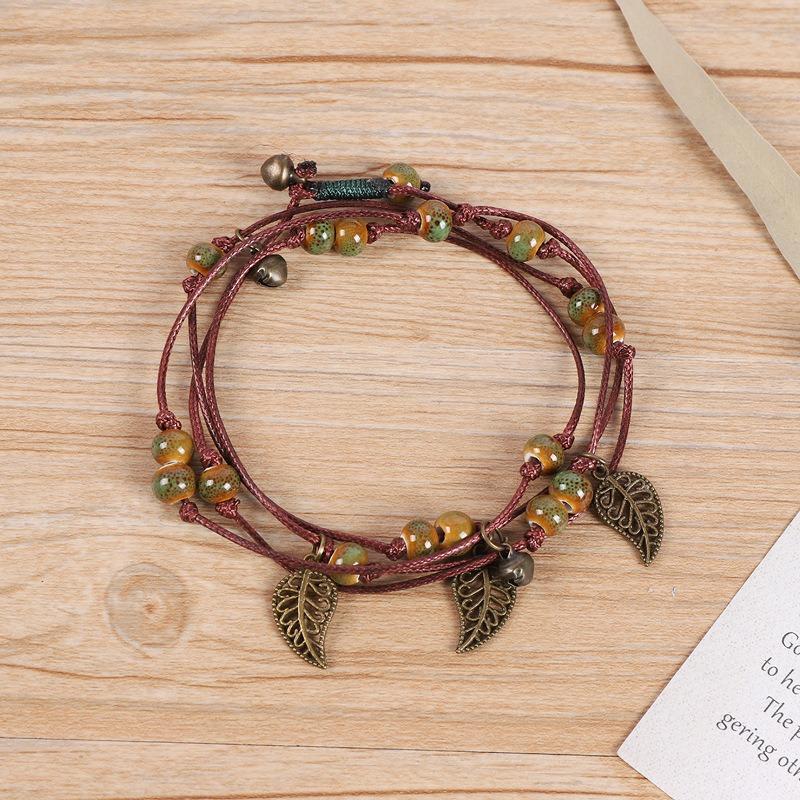 Vintage Bohemian Ceramic Bracelet Girl Sweet Bell Leaf Versatile Waist Chain Multi-circle Bracelet Jewelry