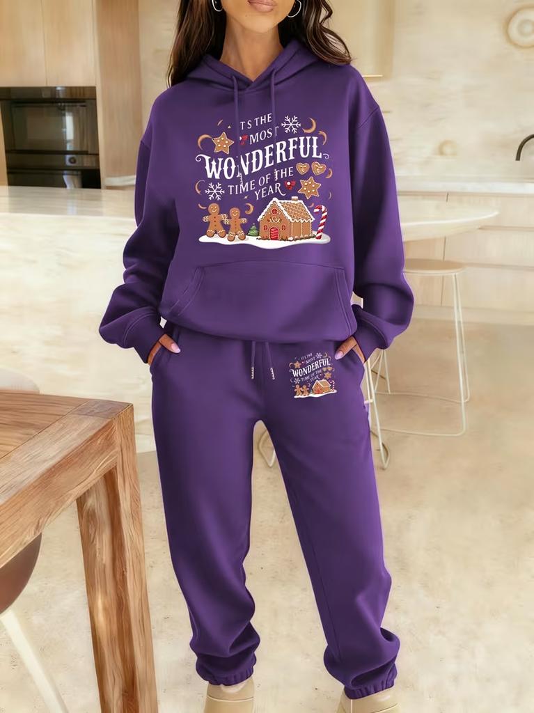 1116 European and American women's clothing new casual 1D printing Christmas ladies hooded sports sweater set