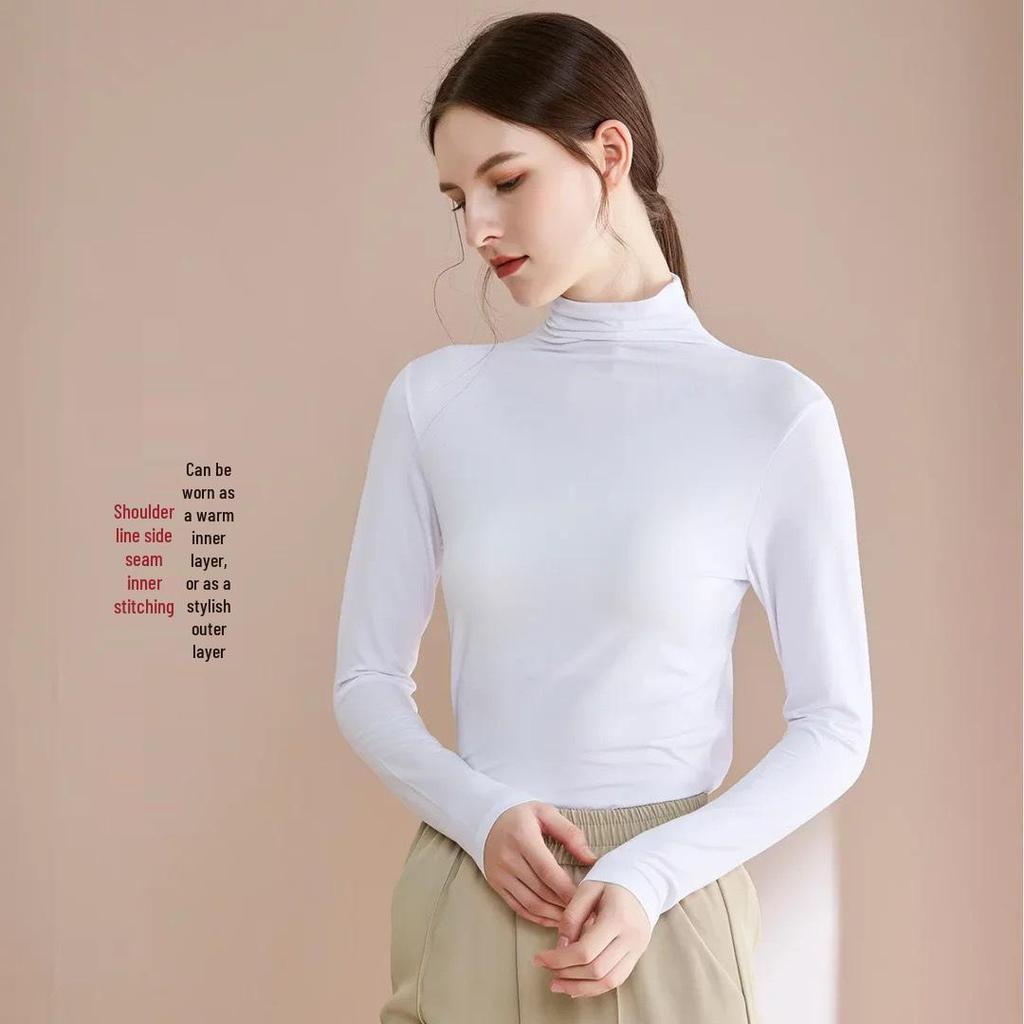 Women's Modal Black Semi-High Neck Slimming Long Sleeve T-Shirt for Autumn Winter Wear