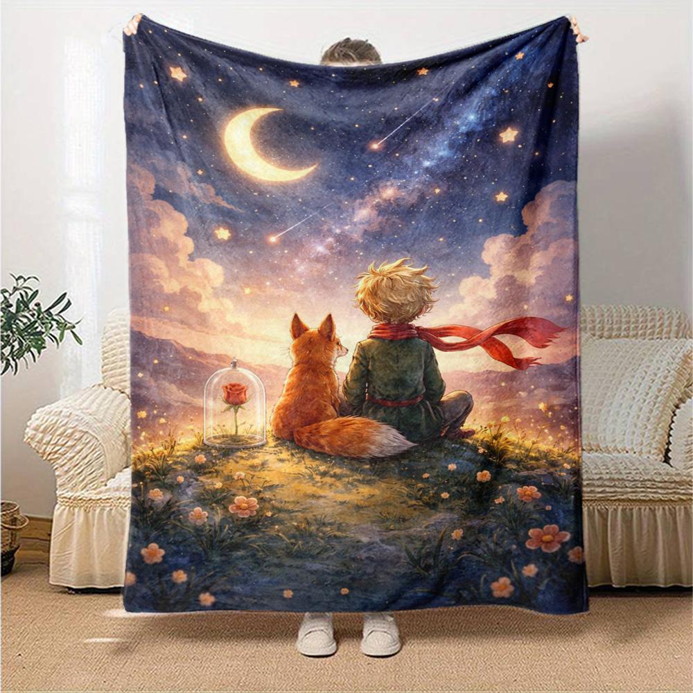 Coperta Stampata Tema Il Piccolo Principe - Perfetta per Divano, Letto, Viaggio e Uso Esterno | Lavabile in Lavatrice, Accogliente e Resistente.
