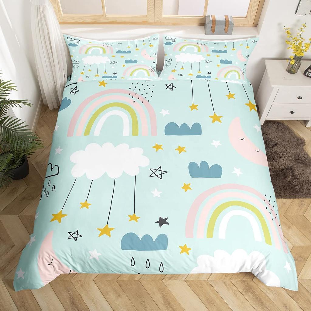 Rainbow King Queen Duvet Cover Colorful Rainbows Bedding Set Watercolor Floral Butterfly Comforter Cover Polyester Quilt Cover