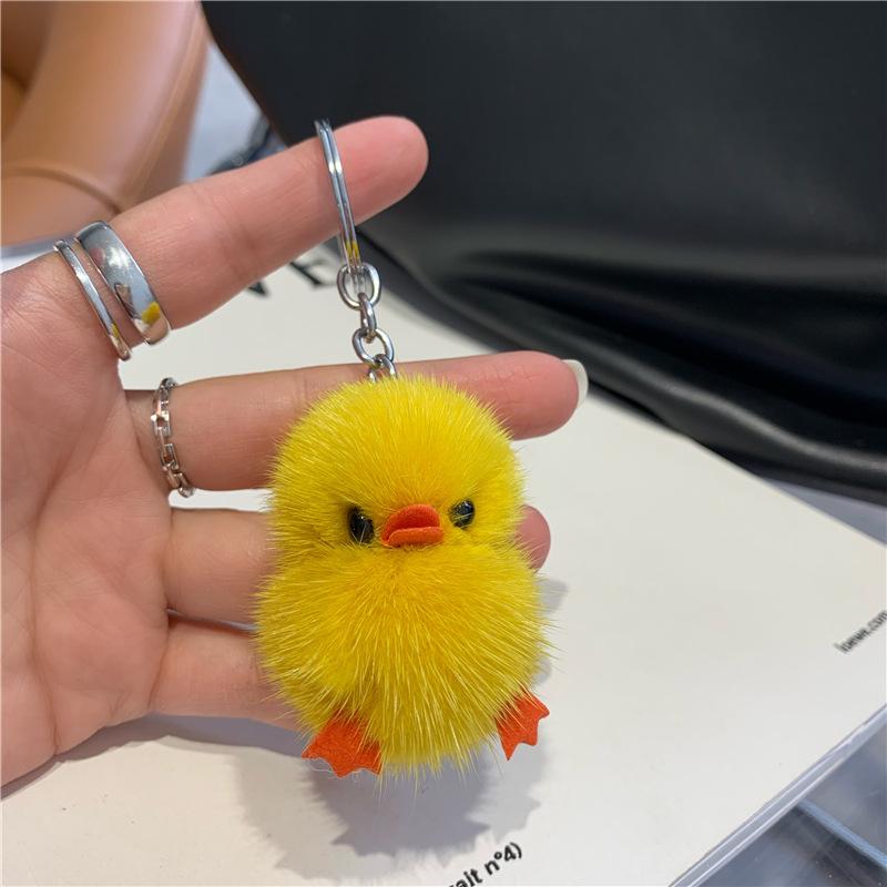 Cute Woman , A Cool Duck with Helmet and Eyes Mink Hair Little Duck Plush Bag Pendant Car Bag Charm