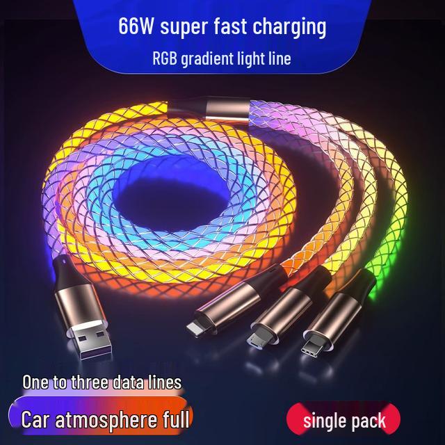 RGB Luminous 3-in-1 Charging Cable for Huawei and Apple - PD-Compatible with Gradient Light for Car Atmosphere.