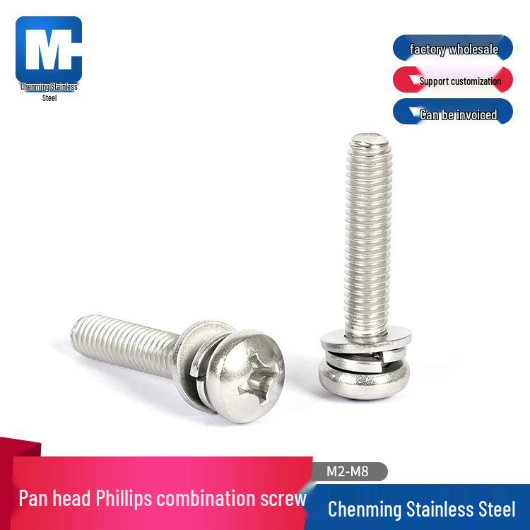 304 Stainless Steel Phillips Pan Head Combo Screw with Flat and Spring Washers