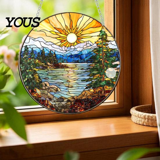 Retro Style Suncatcher Acrylic Scenery/Bird Hanging Ornament, Stained Glass Pendant, Double Sided Indoor Christmas Wall Decor Decoration with