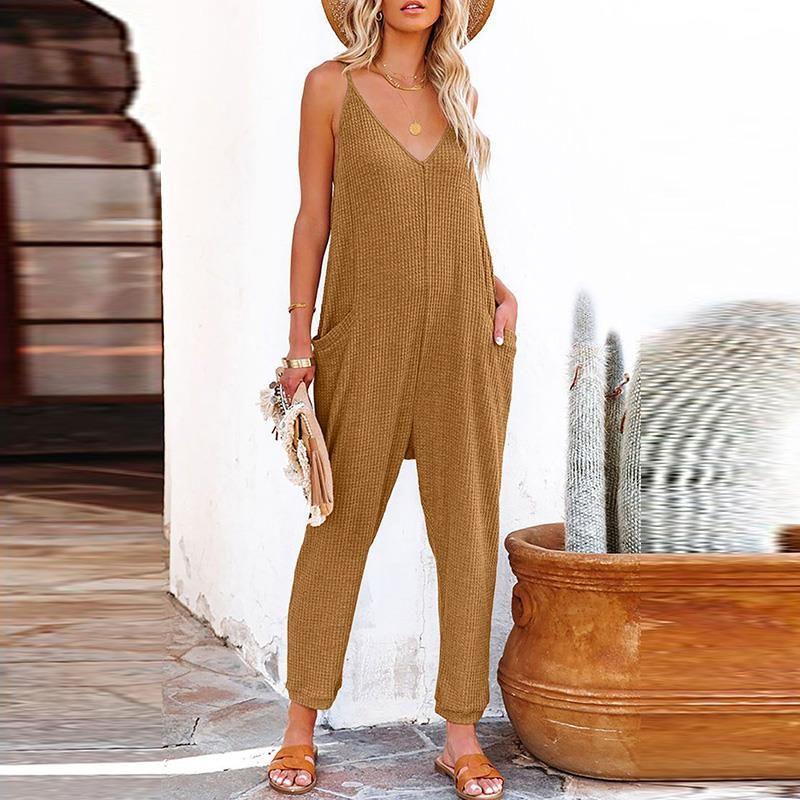 American Shiying Solid V-neck Sling Jumpsuit Women 2025 Summer New High Waist Straight Jumpsuit Women