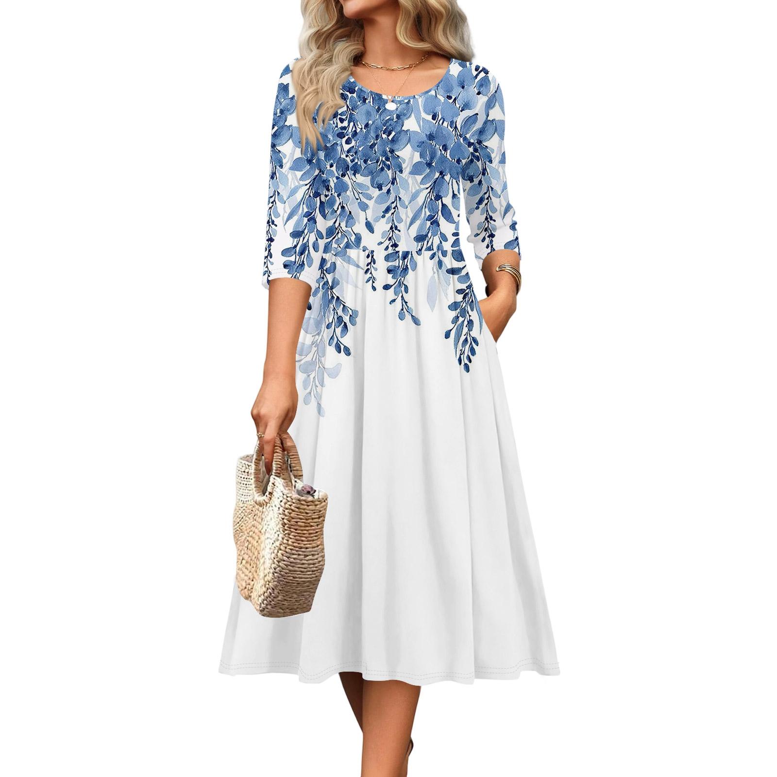 

Жіноча сукня з рукавом 3/4, повсякденна, м яка, А-силуету, міді, сукня-футболка з кишенями, з круглим вирізом, для відпочинку, в стилі бохо, пляжна, літня сукня XL білий