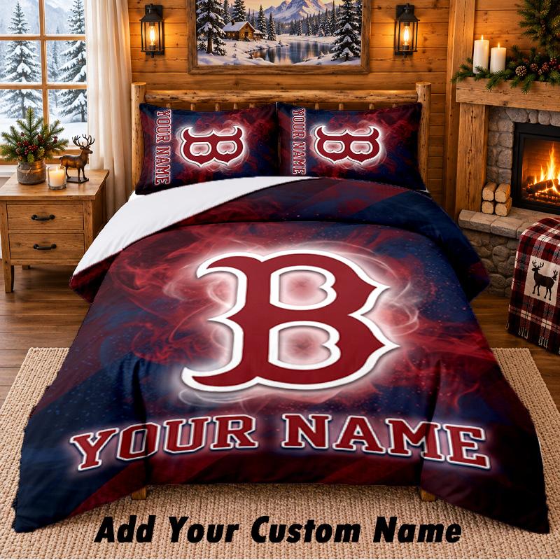 Boston Red Sox Pattern Bedding 3Pcs Set Custom Name, Bed Sheet And Pillowcases For Home Bedroom