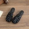 Fashion Thick Heeled Bow Rhinestone Design Mesh Breathable Half Slippers Women's Outdoor 2025 Summer Korean Version Lightweight Sandals