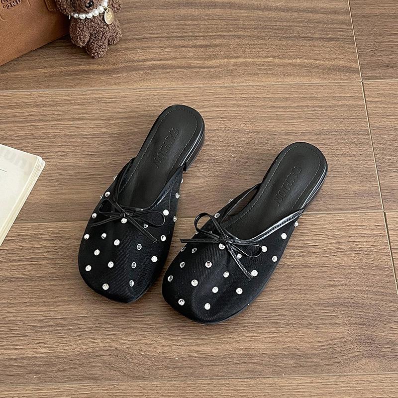 Fashion Thick Heeled Bow Rhinestone Design Mesh Breathable Half Slippers Women's Outdoor 2025 Summer Korean Version Lightweight Sandals