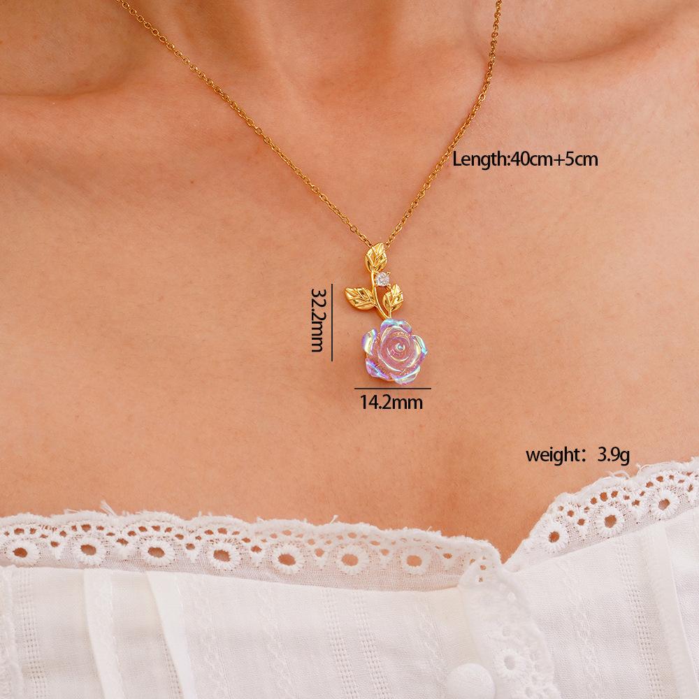 

Vintage Colorful Resin Rose Flower Necklace for Women Girls Gold Color Stainless Steel Chain Zircon Leaf Charm Jewelry Gifts